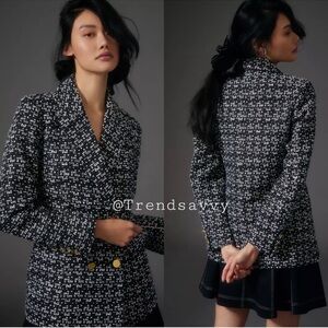 Anthropologie Black Tweed Double Breasted Blazer Jacket Large NWT